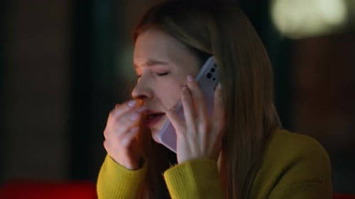 Tired Overtime Worker Calling Cellphone at Night Office Closeup Stressed Woman