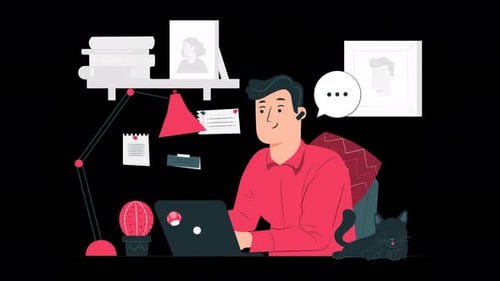 man working at home on his computer 4k animation with alpha channel