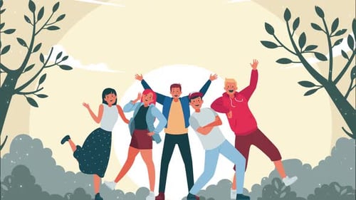 Animated Group of Happy Friends in Outdoor Park