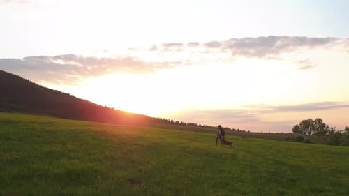 Person Walking Dog in Field at Sunset