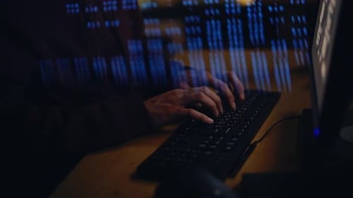 Programmer Hands Coding Keyboard at Data Reflection Night Closeup Man Working