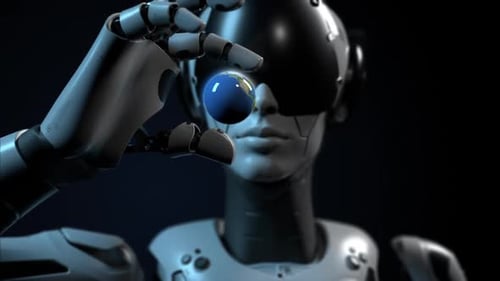 the robot holds a levitating globe in its hand