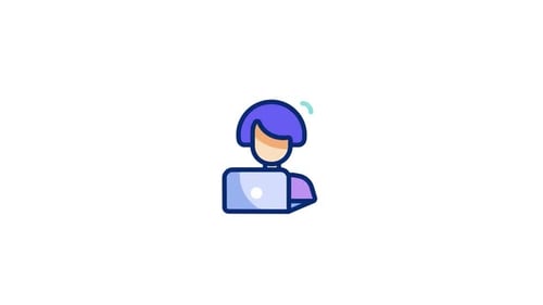 Animated Flat Design Icon: Person Working on Laptop with Ideas