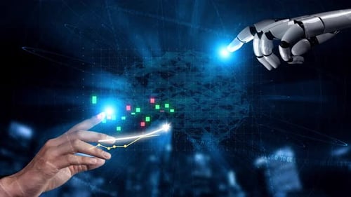 Mãos futuristas interagindo com o gráfico digital do mercado de ações, mostrando crescimento, tecnologia e artifícios