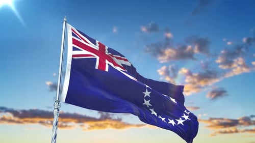 Cook Islands Flag Waving Realistic With Sky