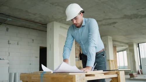 Civil Engineer Analyzing Construction Blueprints at Building Site