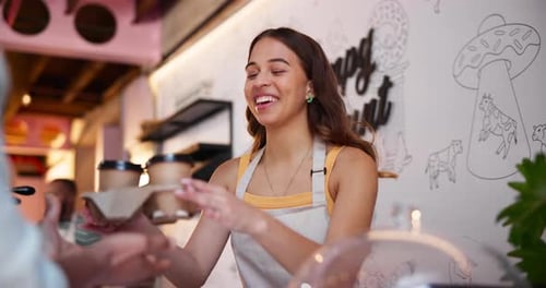 Coffee, takeaway and barista giving order in cafe with happy service, hospitality