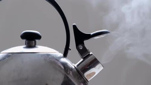 Steam Coming Out From Spout With Open Lid Of A Kettle. close up