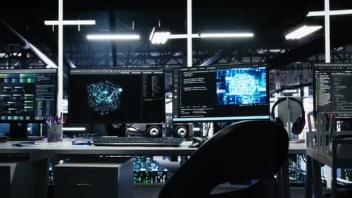 Server Room PC Screens Tracking Mainframes Processing Machine Learning Datasets
