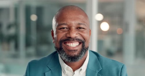 Happy, professional and face of black man in office with confidence for finance career growth