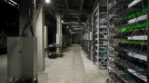 Large Wired Internet Datacenter Storage Cryptocurrency Mining Equipment on Large Farm ASIC Miners on
