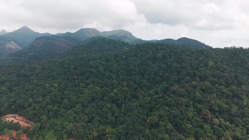 Tropical Island Forest Covering Mountain Range Under Cloudy Sky