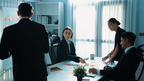 Top view of businessman explain marketing strategy and choose idea. Directorate.