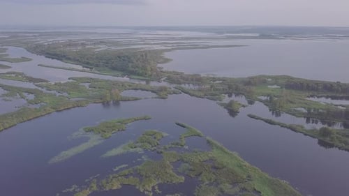 Aerial view of the lake at sunset. Nizhnekamsk Reservoir in Russia