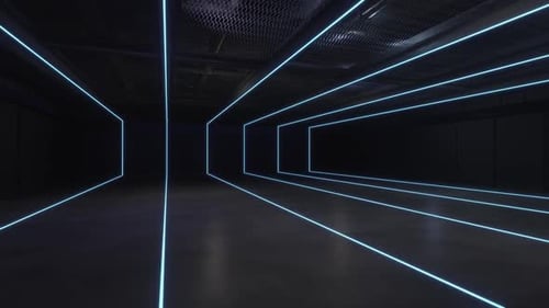 Leerer Raum mit leuchtenden neonblauen Lichtlinien