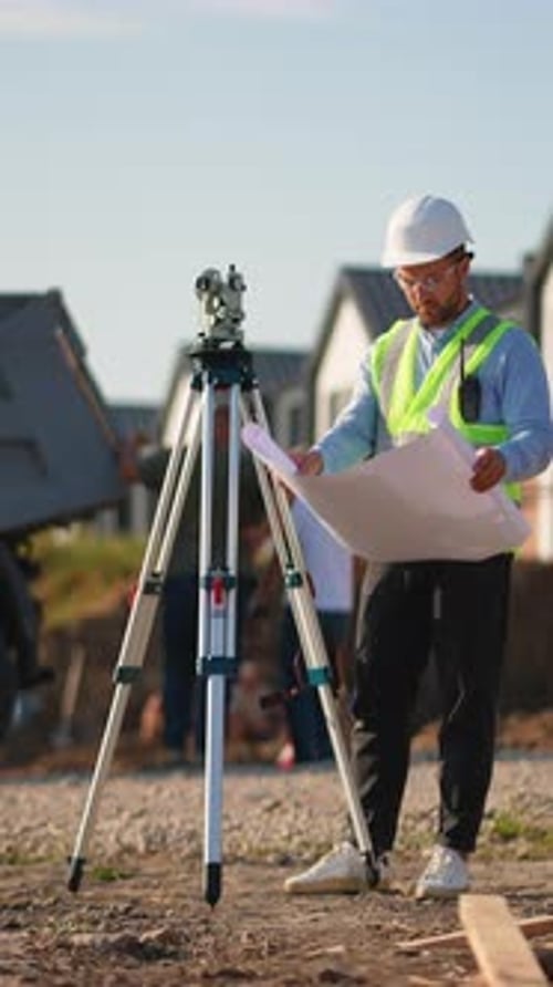 Surveyor Engineer Reading Blueprint on Construction Site