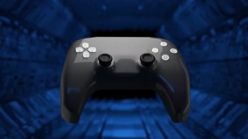 Rotaciones del gamepad sobre un fondo tecnológico. Concepto de Vídeo. Animación de gamepad.