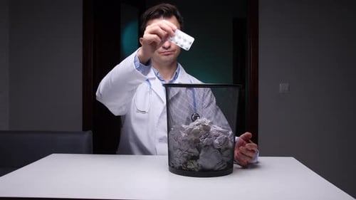 Doctor Sitting at Desk Disposing of Blister Pack with Pills Into a Wire Mesh Trash Can Symbolizing