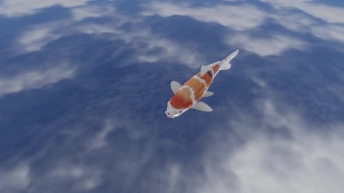 Koi-Karpfen schwimmen am Himmel in den Wolken, Fantasie. 3D-Render