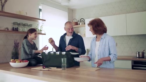 Grandparents and Grandchild Packing Food in Kitchen