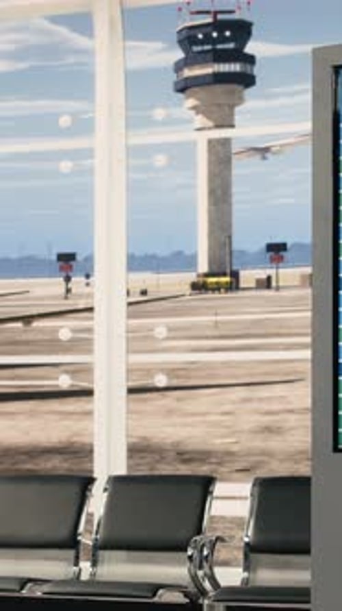 Vertical Video Empty International Airport Terminal Upcoming Flights on Screen Showing Runway