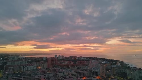 Scenic Coastal Town Sunset Aerial View Mesmerising City Ocean Coast Illuminated
