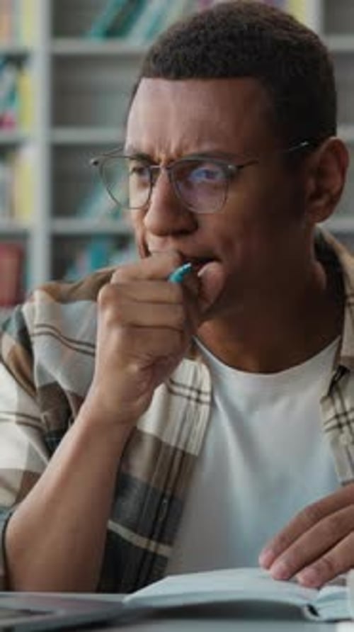 Tired Sleepy Ethnic Man Student Yawning Work Laptop University Library Online Lesson Fatigue Study