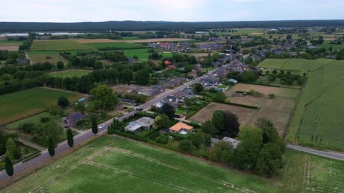 Top view of countryside with urban settlement, the harmonious blend of urban and rural. Urban settle