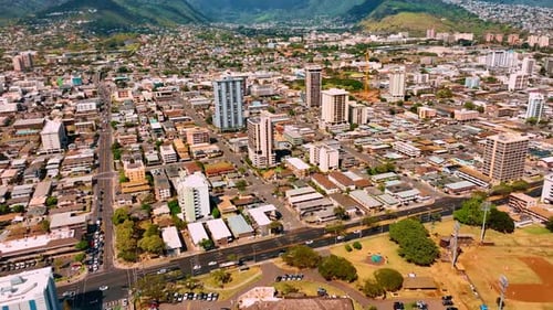 Districts of modern Honolulu with prevailing low-rise architecture. Hawaii, USA.