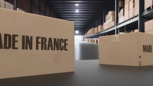 Boxes with MADE IN FRANCE Text on Conveyor FRANCE Goods Related Loopable 3D Animation