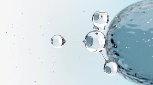 Rotating Transparent Molecule with Water Drops and Bubbles