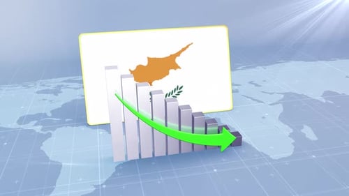 Cyprus Flag With Decrease Bar Chart Graph And Arrow Green