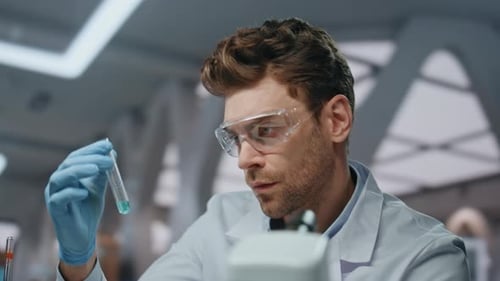 Doctor Investigate Drug Sample Working Laboratory Close Up Researcher Examining