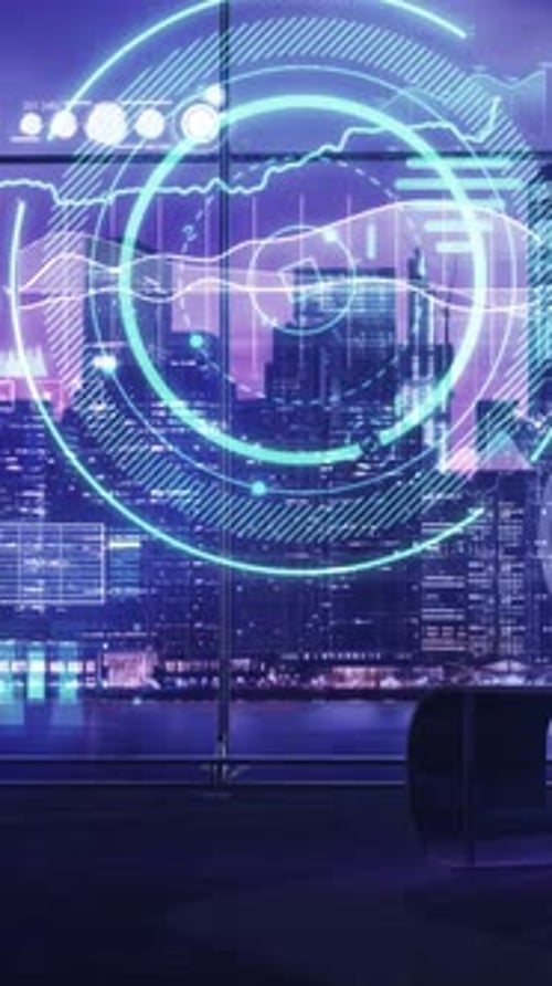 Infographics with Stock Charts Against Night Metropolis Background 3D Render