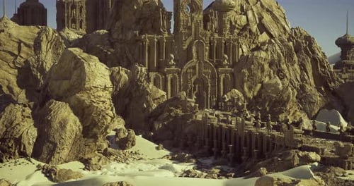 Deserted Temple Illuminated By Dusk Amidst Towering Rocks and Shadows
