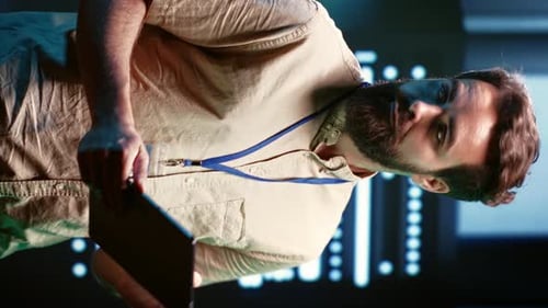 Vertikaler Video-Mitarbeiter, der im Server-Hub arbeitet