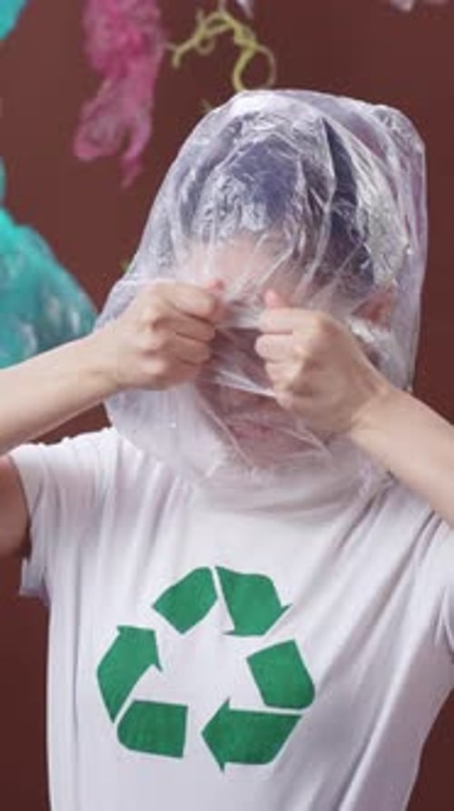Concepto de reciclaje innovador y creativo con un ingenioso diseño de sombreros con bolsas de plástico