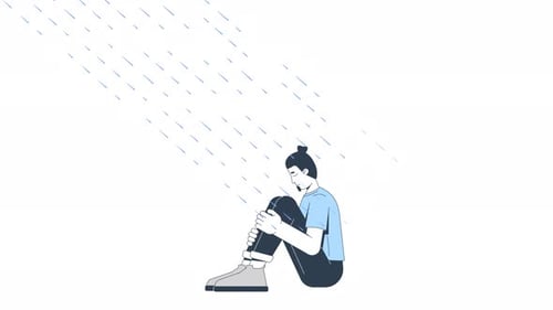 Animated Flat Design Illustration of a Person Sitting in Rain