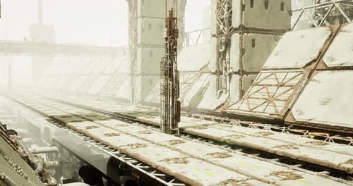 Futuristic Industrial Landscape with Towering Structures in Foggy Atmosphere