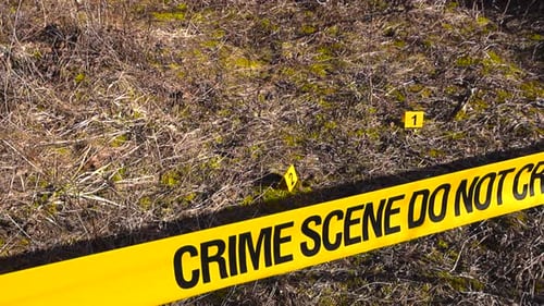 Yellow Crime Scene Tape and Evidence Markers on the Ground
