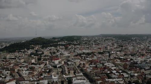 Drone aerial video in central part of old city of Lviv, Ukraine.