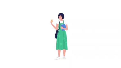 Animated Flat Design of Woman Eating and Walking with Book