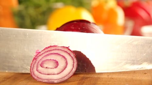 Chop an Onion with Knife. Slicing Vegetables. Cook Chopping Onion. Hands With
