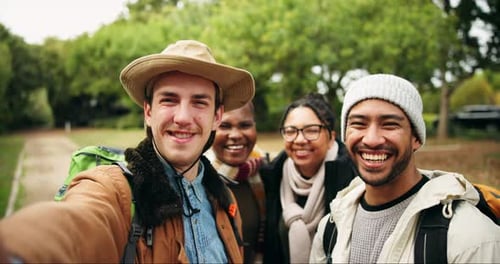 Hiking, selfie vlog or faces of friends in nature, forest or wilderness live streaming camping