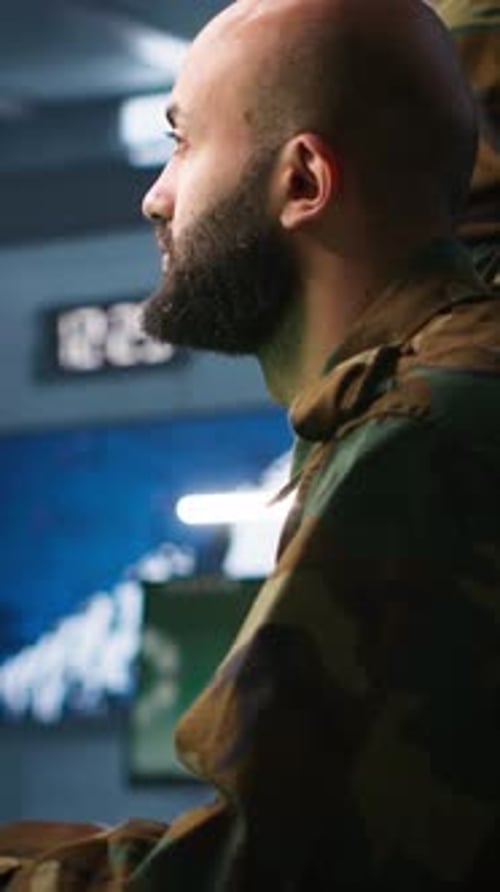 Vertical Video Soldier Doing Tasks in Military Base Doing Surveillance with Radar Equipment