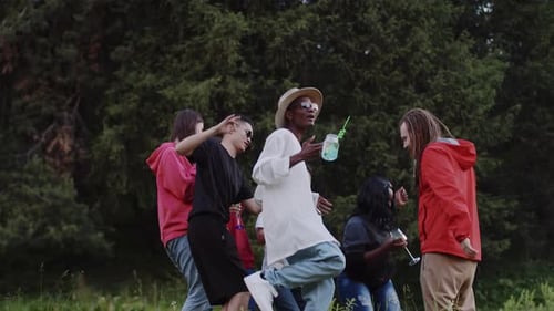 Young Multiracial Friends with Cocktails Dancing Together in a Circle on a Forest Lawn at the Picnic