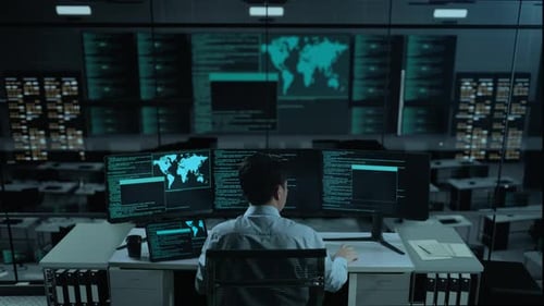 Asiatischer Mann arbeitet mit Tablet, während er Code mit mehreren Computerbildschirmen im Büro schreibt