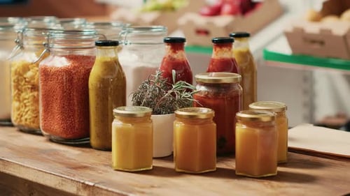 Glass Jars and Bottles Filled With Food Items