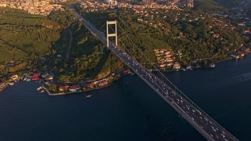 Aerial view of colorful aquapark and hotel at sunset, Bulgaria.