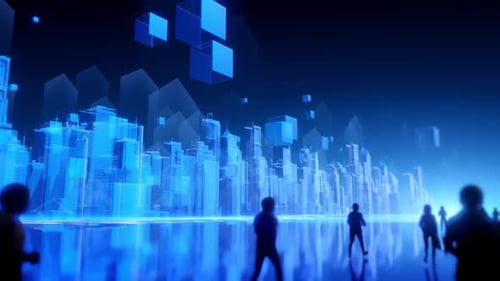 Paysage urbain futuriste avec des silhouettes humaines marchant